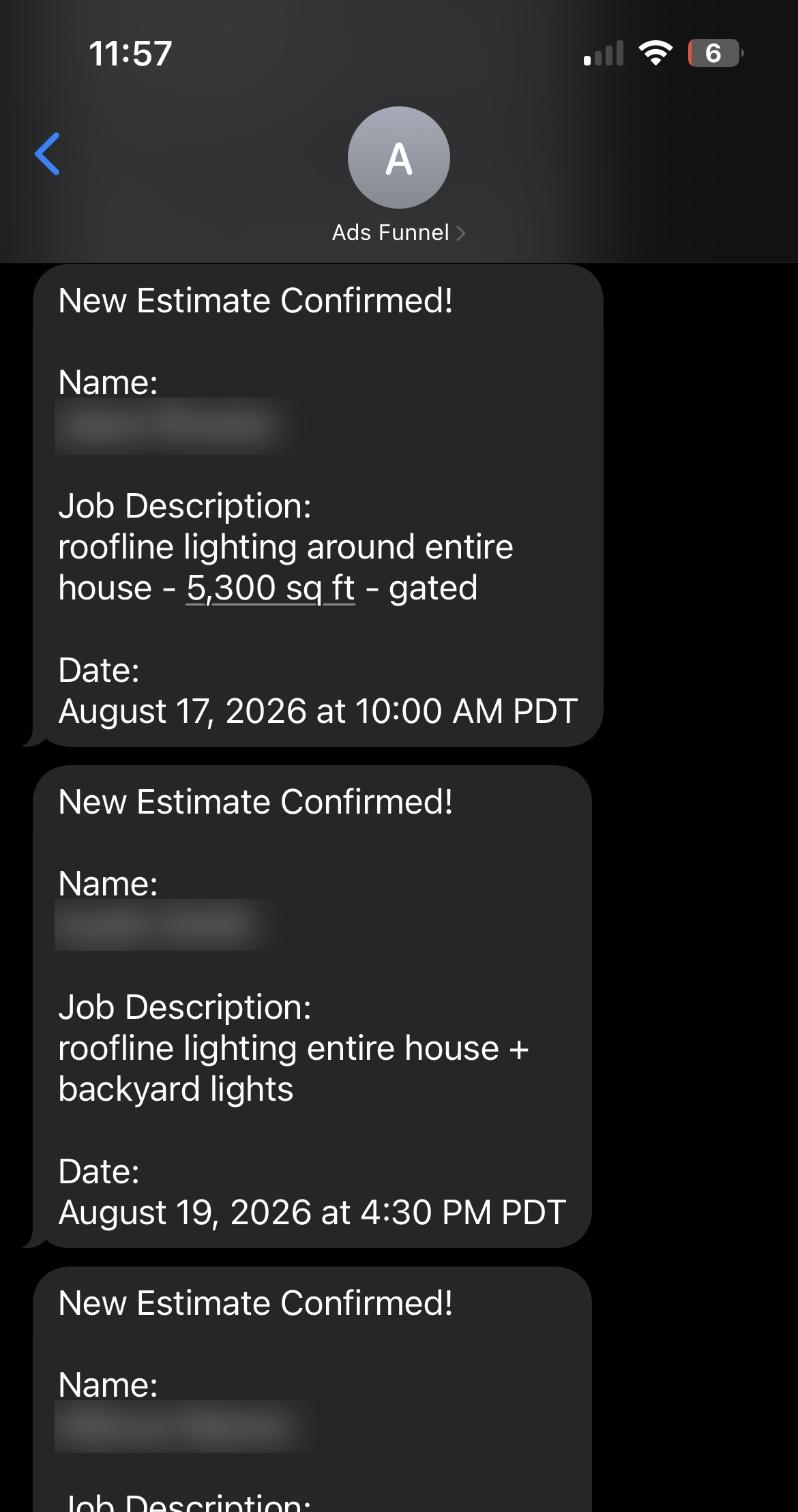 Text thread of confirmed estimate notifications