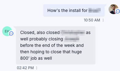 Client message: two jobs closed, two more closing, including an 800-foot job